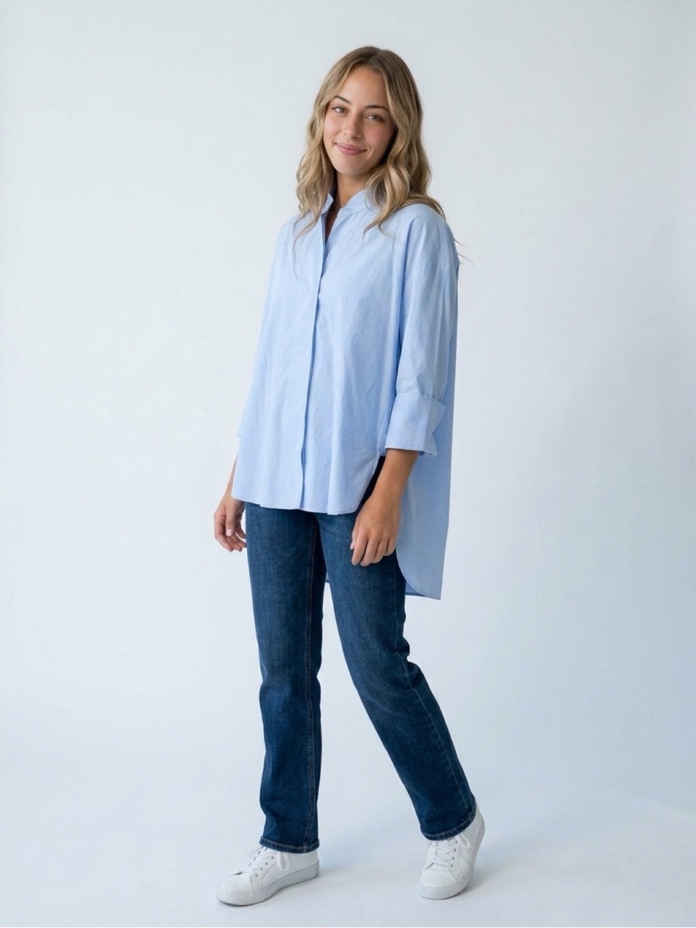 Zara Light Blue Mandarin-Collar Casual Button-Down Shirt